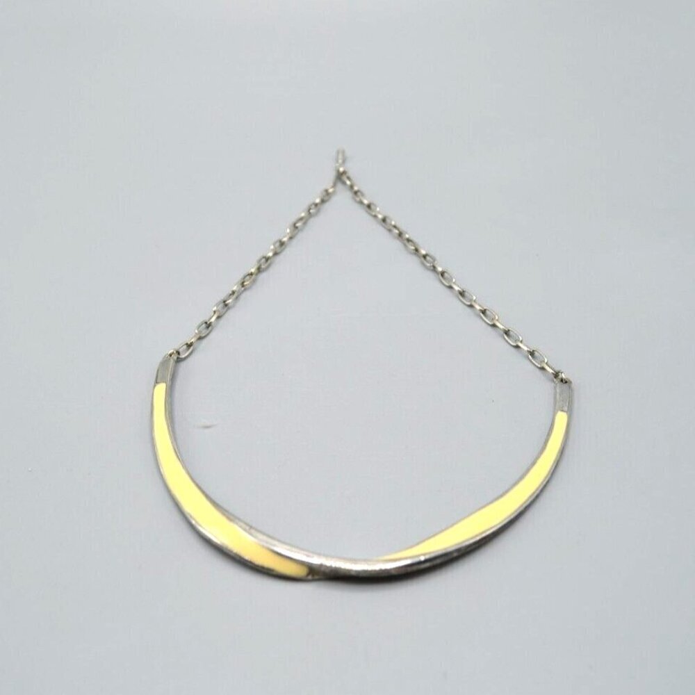 Vintage Enamel Twist Curved Bar Necklace Cream Light Yellow Silver Tone